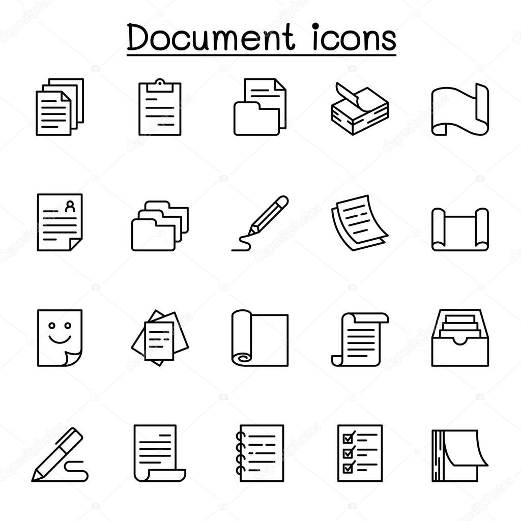 Document icon set in thin line style