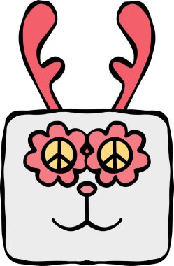 Çiçekli ve barış sembollü tuhaf tavşan karakteri..