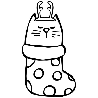 Noel karikatür kedisi boynuzları ve puantiyeli şenlikli bir çorapta.