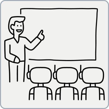 Seyirciye hitap eden bir konuşmacıyla sunum sahnesi. karalama el çizilmiş vektör çizgisi biçimi