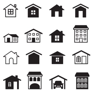 Eve, kat mülkiyeti, kule, daire Icons set