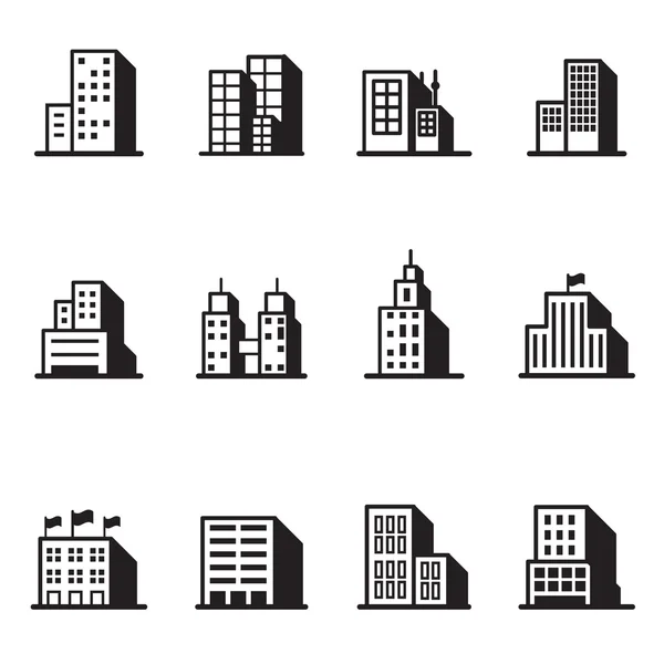 Iconos de silueta de edificio Conjunto de símbolos de ilustración vectorial — Archivo Imágenes Vectoriales