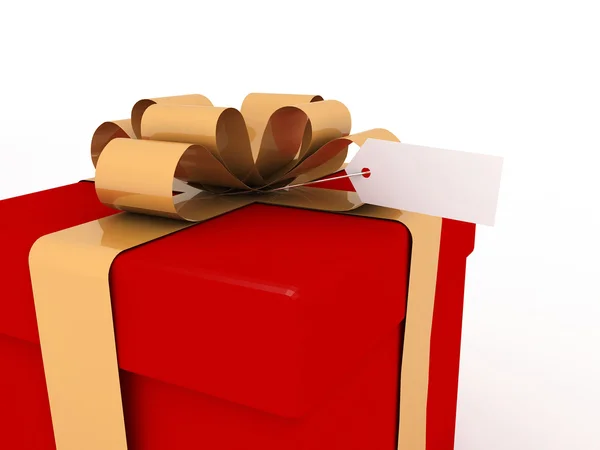 Nahaufnahme rote Geschenkschachtel mit Goldschleife und Etikett auf weißem Hintergrund — Stockfoto