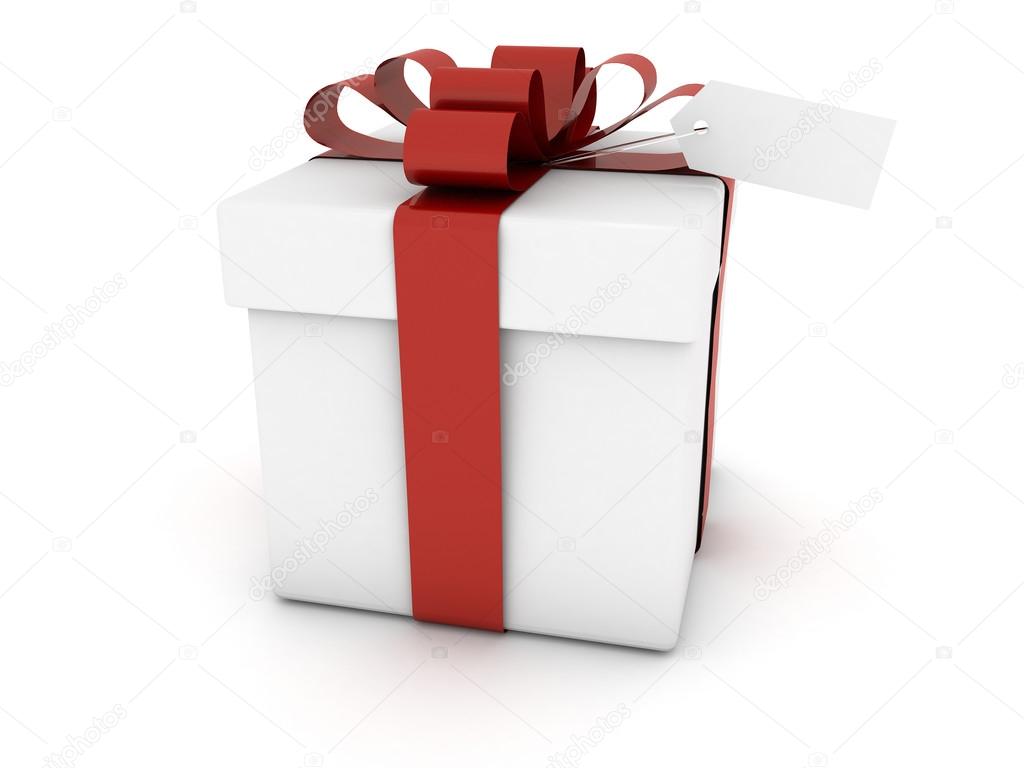 White gift box and Red bow with label on white background