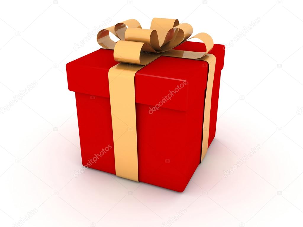 one Red Giftbox with gold bow on White Background 