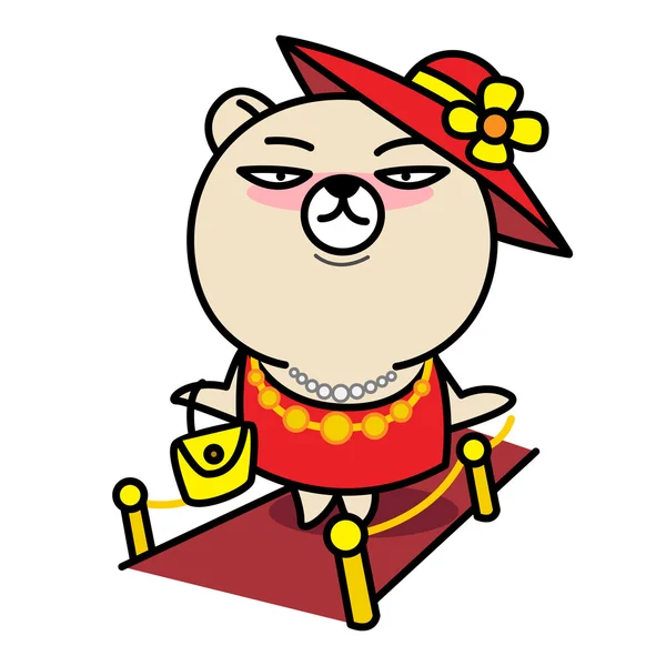 Bayan ayı karikatür kırmızı halıda yürümek 