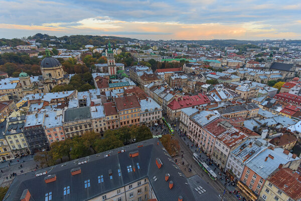 Scenic view on top of the town's medieval architecture. Lviv, Ukraine