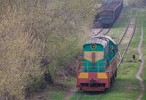 Desvío de locomotora diesel de pie en el revestimiento. Transportes — Foto de Stock