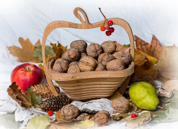 Noix dans un panier, pommes et poires. Automne nature morte — Photo