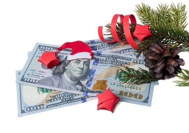 Banknot Noel Baba ve üzerinde beyaz izole Ladin ile