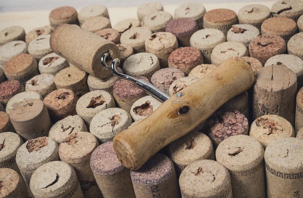 Sacacorchos en el fondo de los tapones de vino — Foto de Stock