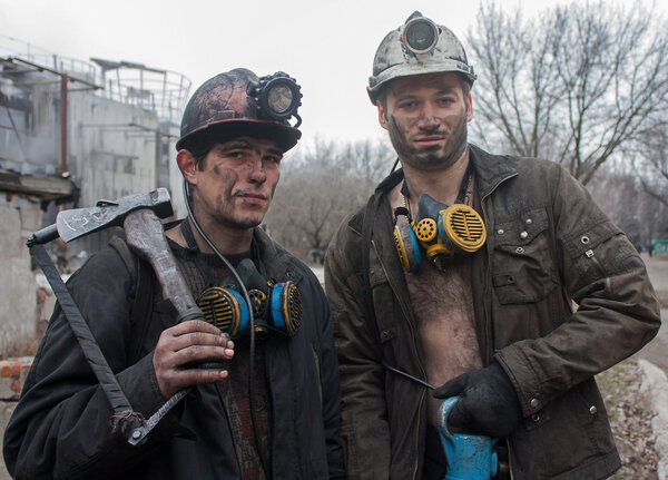 Gorlovka, Ukraine - February, 26, 2014: Miners mine named Kalinin after work shift