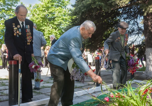 Makeevka, Ucrania - 7 de mayo de 2014: Veteranos de la Segunda Guerra Mundial ponen flo — Foto de Stock