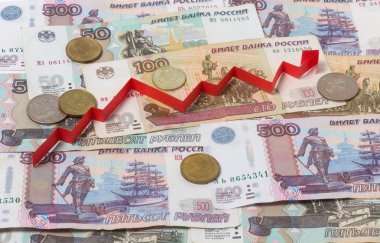 Russian banknotes and arrow up. Currency and Finance
