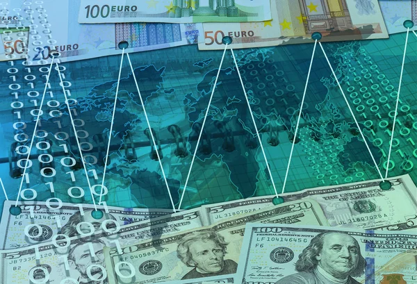 Abstrakter geschäftlicher Hintergrund mit Karte, Dollar und EU-Geld — Stockfoto