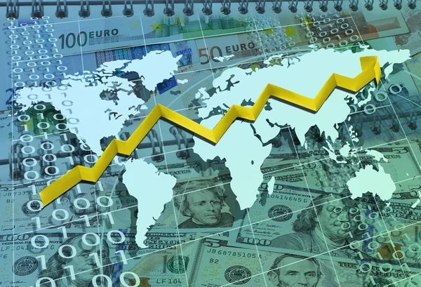 Abstrakter geschäftlicher Hintergrund mit Karte, Pfeil, Dollar und eu mo — Stockfoto