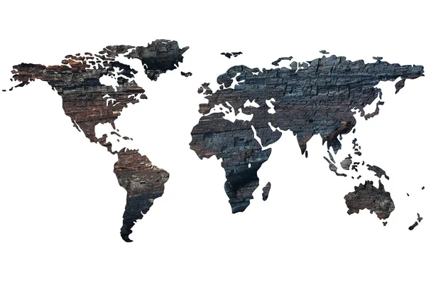 Weltkarte auf dem Hintergrund verbrannten Holzes. isoliert auf weißem Bac — Stockfoto