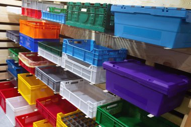 A lot of color plastic packaging on the showcase. Industry