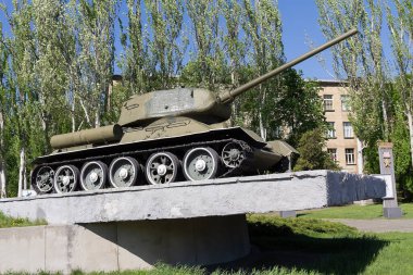 Kyiv, Ukraine - April 30, 2018: Soviet tank of times of World War II as a monument on the avenue of a Victory