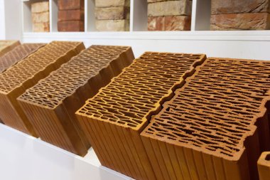 Various types of construction hollow red bricks with different patterns inside. samples for sale in the construction store. Industry
