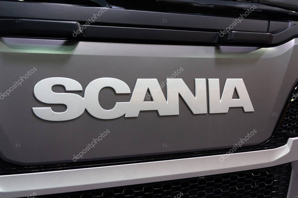 Kyiv, Ukraine - March 20, 2019: Side view of Scania logotype insignia logo on the front part of the radiator