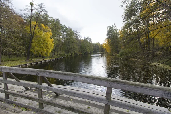 Мост через пруд в осеннем парке — стоковое фото