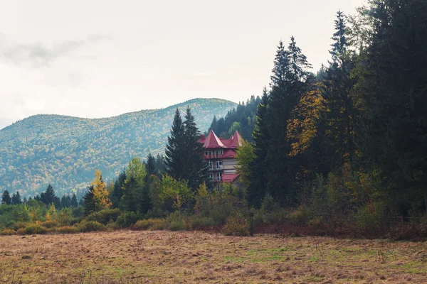 Casa de campo con techo rojo en las tierras altas. Cárpatos — Foto de Stock