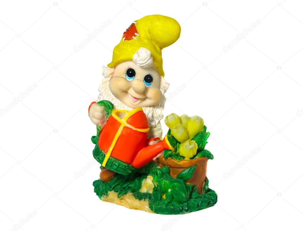 Figurine gnome with a watering can to water the flowers