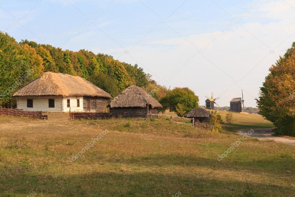 Old houses of the peasants and mill at the Museum of Pirogovo. Ukraine