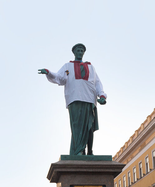 Monument of Duke de Richelieu in Odessa dressed in embroidered. Ukraine