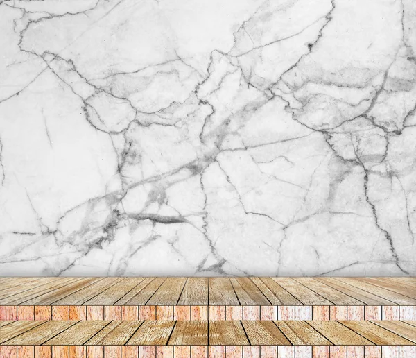 Achtergrond marmeren muur en houten platen gerangschikt in perspectief textuur achtergrond voor ontwerp. — Stockfoto