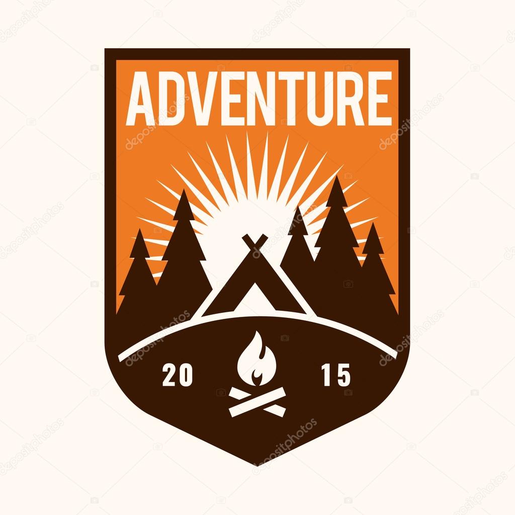 Vintage mountain adventure and travel emblem with tent, camp fire, trees and sun.