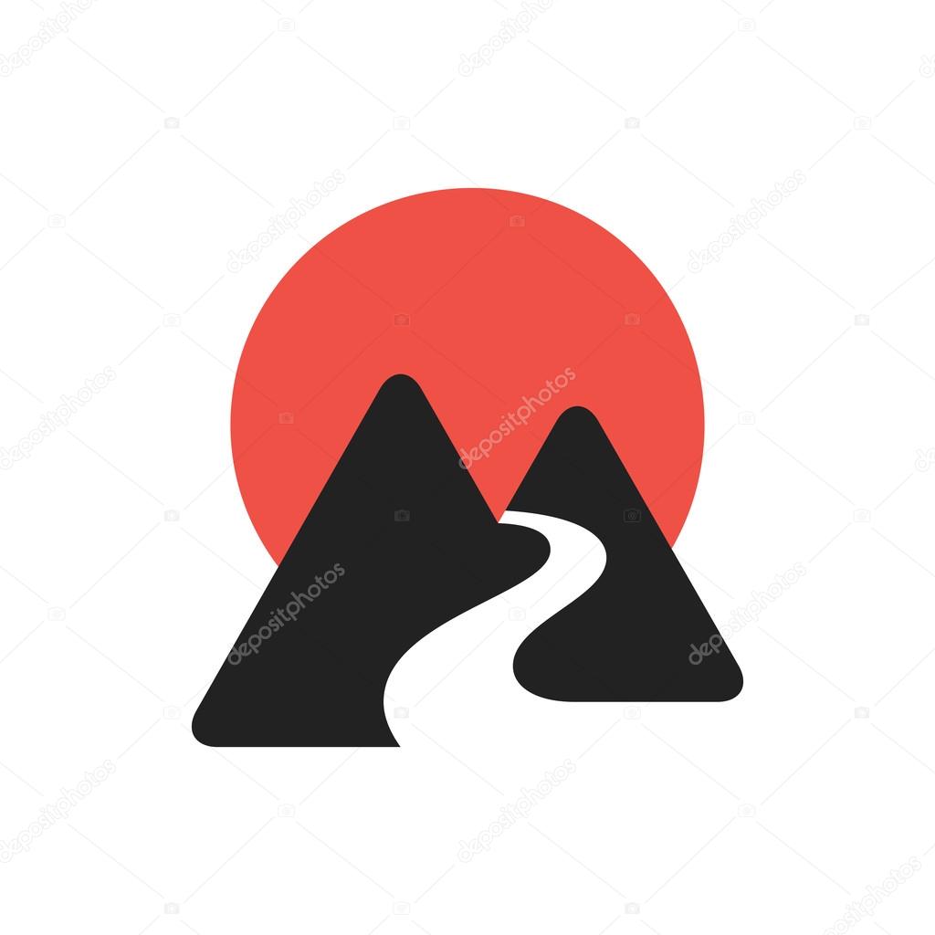 Mountains icon with river and sun.