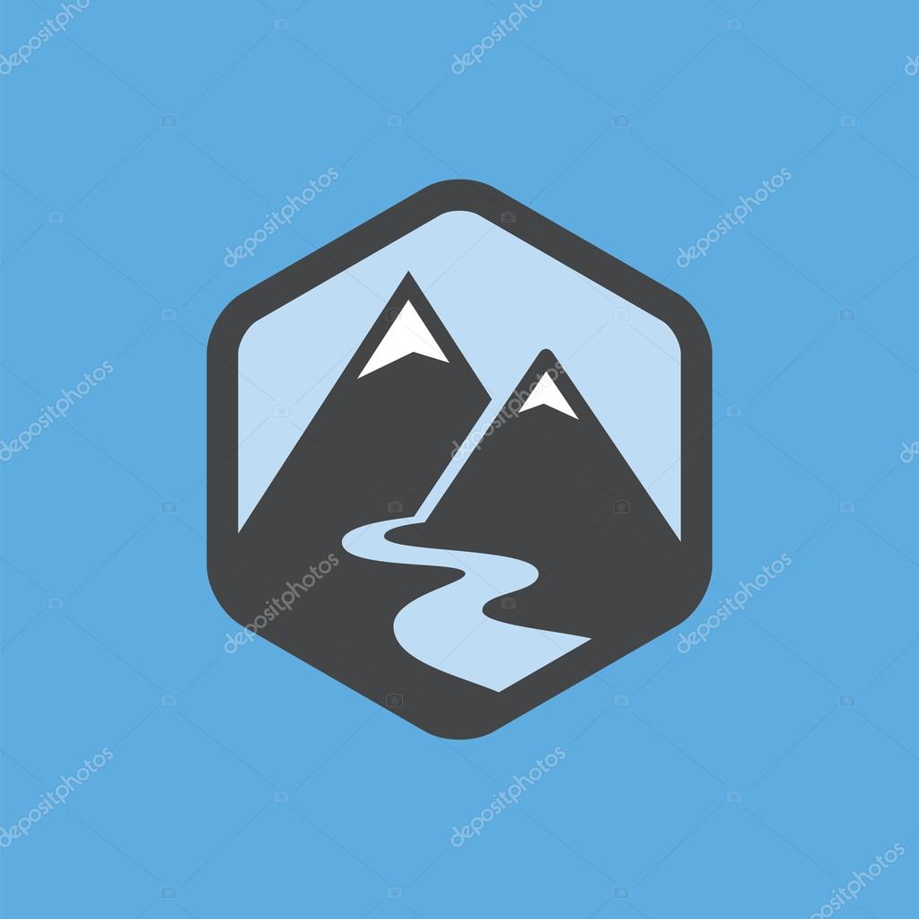 Mountains and river icon isolated on blue background.