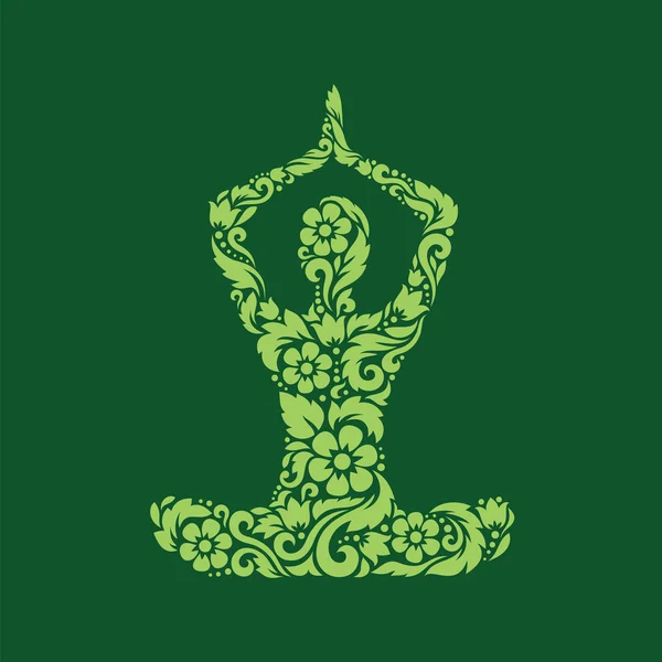 De vorm van gestileerde menselijke yoga in lotus houding met decoratieve witpatroon. Vector-pictogram. — Stockvector