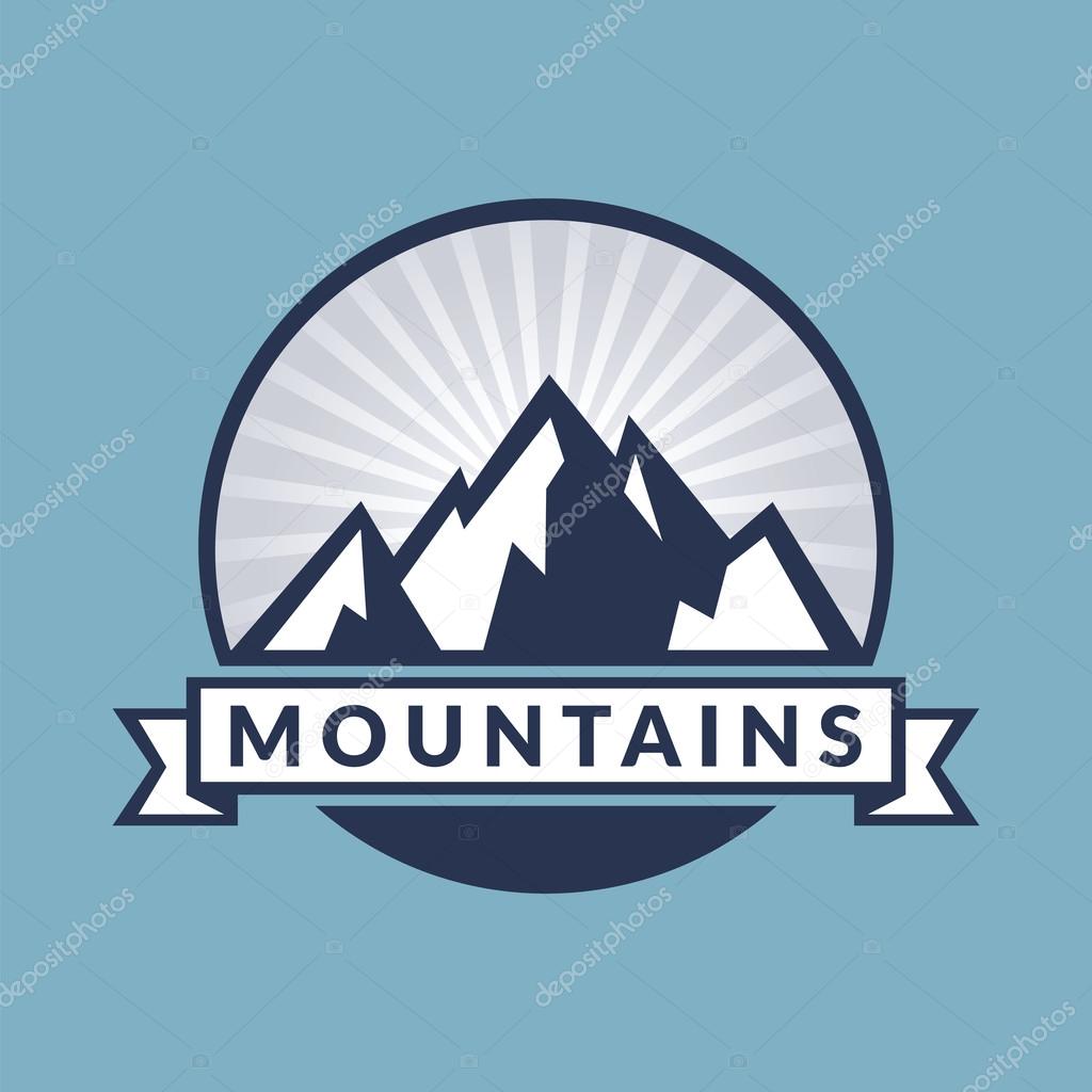 Vintage mountains vector icon isolated on blue background.