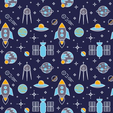 Çizgi film uzay gemisi simgeleri ile sorunsuz alan desen.