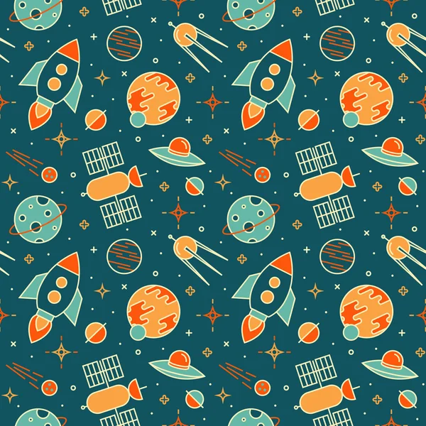 Seamless pattern with space, rockets, satellites, planets and stars. — Stock Vector