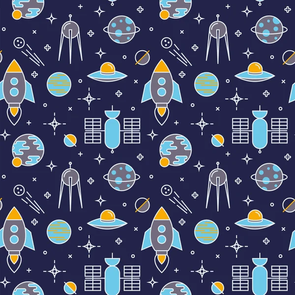 Seamless space pattern with cartoon spaceship icons. — Stock Vector
