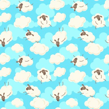 Seamless pattern with cute sheep and clouds. clipart