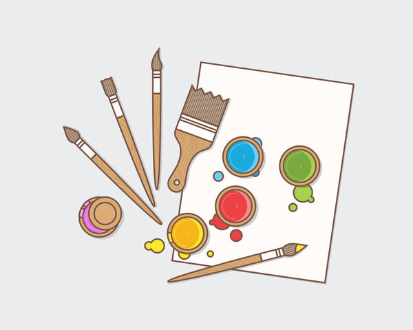 Art supplies: paint, brushes and paper.