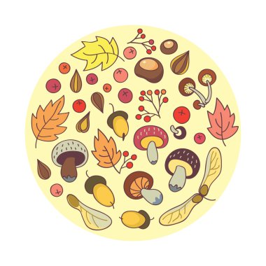 Mantar ve sonbahar yaprakları grubudur. Vektör çizim.