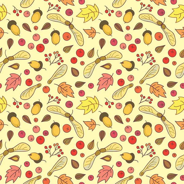 Autumn pattern with leaves, acorns, berries and maple seed pods. — Stock Vector