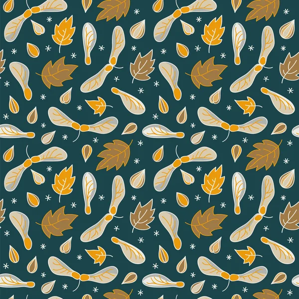 Autumn seamless pattern with leaves and maple seed pods. — Stock Vector