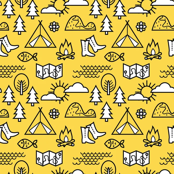Camping, hiking and fishing seamless pattern. — Stock Vector