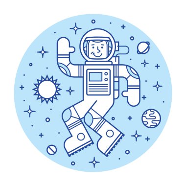 Astronot uzayda. Merhaba Uzay adamı. Vektör çizim.