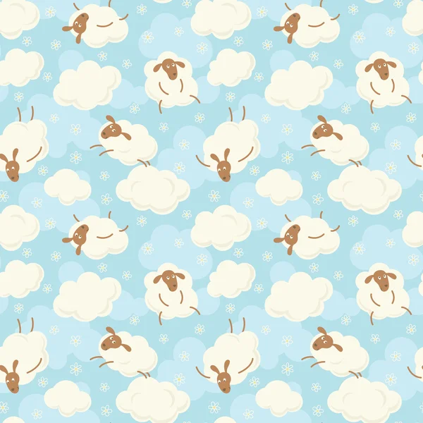 Modèle sans couture avec des moutons sur des nuages avec des fleurs . — Image vectorielle