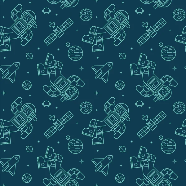 Modèle sans couture avec de mignons astronautes doodle, vaisseaux spatiaux et planètes . — Image vectorielle