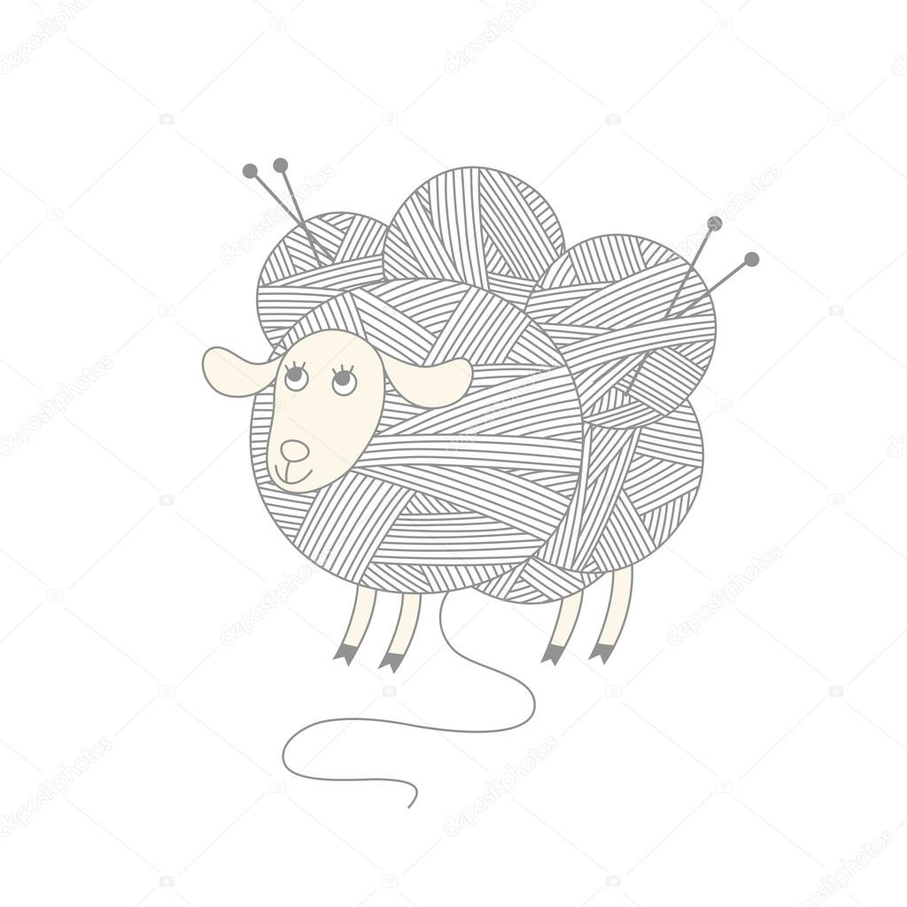 Sheep with skeins of wool yarn and knitting needles.