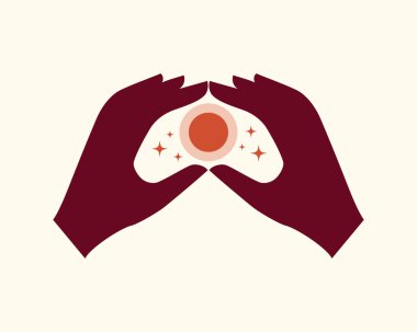 Güneş ile kalp formunda eller. Soyut illüstrasyon.